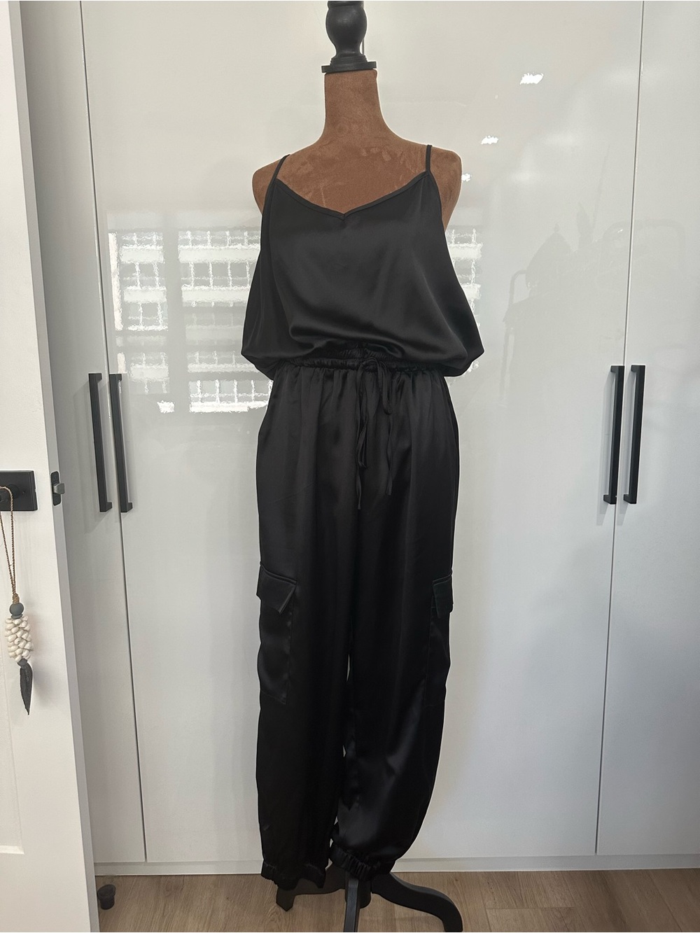 Black Satin Spaghetti-Strap Cargo Jumpsuit